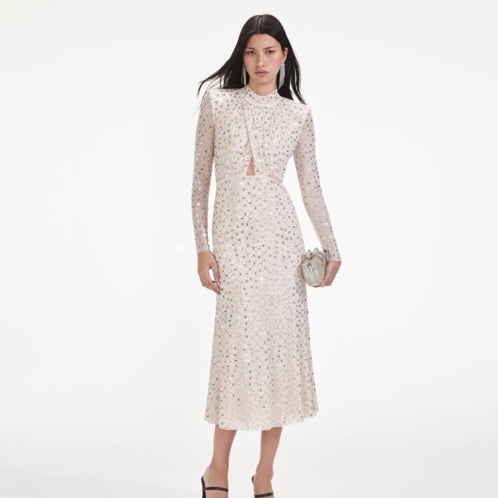 Self Portrait- Champagne Rhinestone mesh midi dress